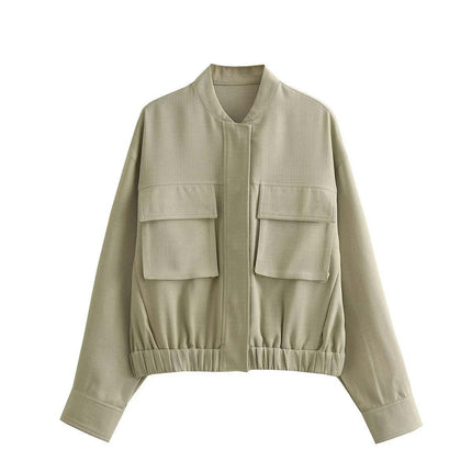 Women's Cropped Bomber Jacket Long Sleeve Casual Button Down Baseball Jacket with Pockets