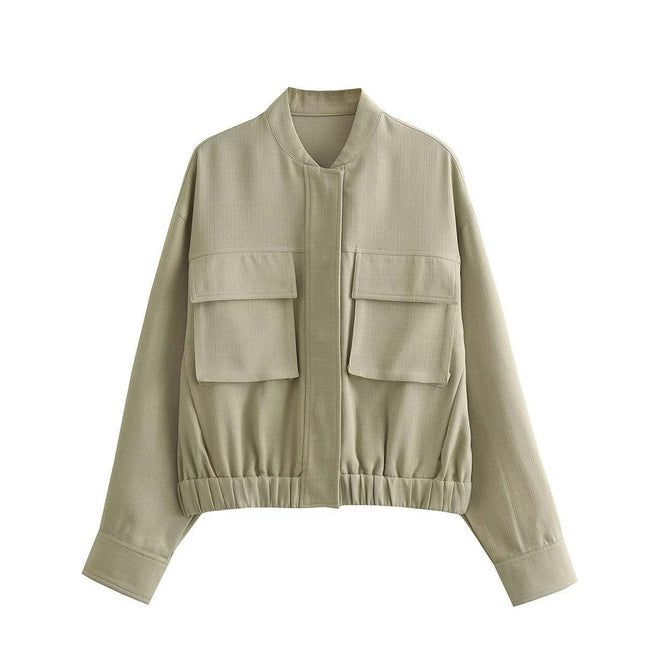 Women's Cropped Bomber Jacket Long Sleeve Casual Button Down Baseball Jacket with Pockets