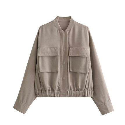 Women's Cropped Bomber Jacket Long Sleeve Casual Button Down Baseball Jacket with Pockets