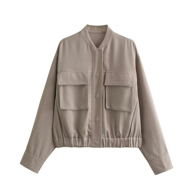 Women's Cropped Bomber Jacket Long Sleeve Casual Button Down Baseball Jacket with Pockets