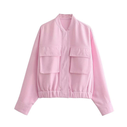 Women's Cropped Bomber Jacket Long Sleeve Casual Button Down Baseball Jacket with Pockets