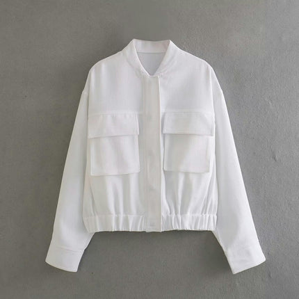 Women's Cropped Bomber Jacket Long Sleeve Casual Button Down Baseball Jacket with Pockets