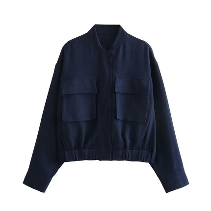 Women's Cropped Bomber Jacket Long Sleeve Casual Button Down Baseball Jacket with Pockets