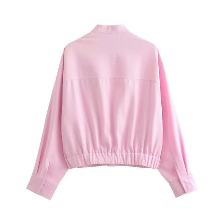 Women's Cropped Bomber Jacket Long Sleeve Casual Button Down Baseball Jacket with Pockets