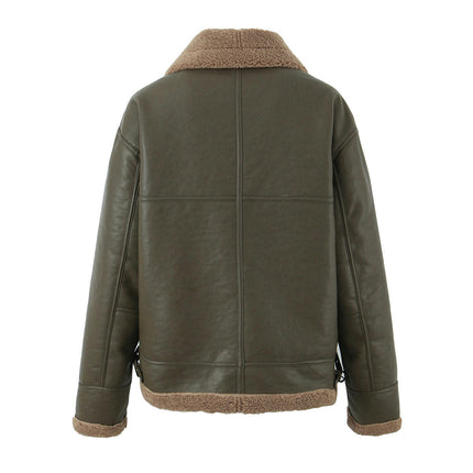 Women Warm Winter Faux Leather Jacket with Faux Fur Lining Biker Coat