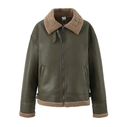 Women Warm Winter Faux Leather Jacket with Faux Fur Lining Biker Coat