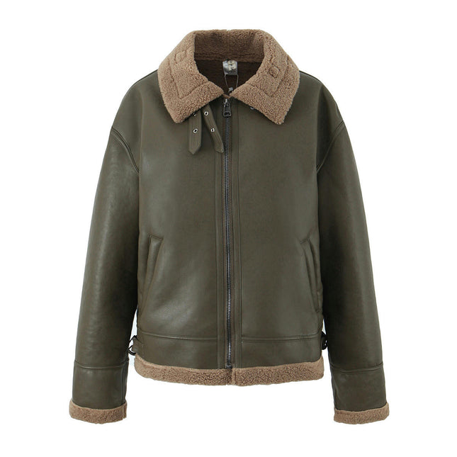 Women Warm Winter Faux Leather Jacket with Faux Fur Lining Biker Coat