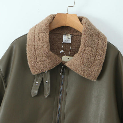 Women Warm Winter Faux Leather Jacket with Faux Fur Lining Biker Coat