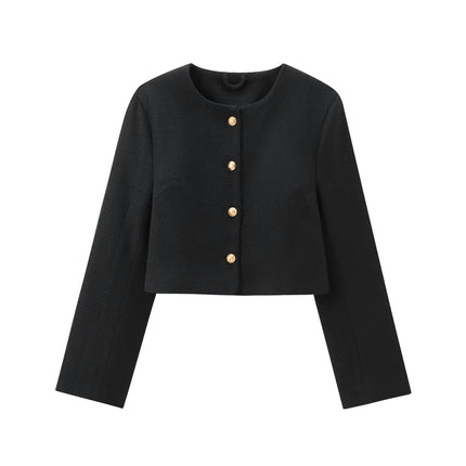 Women's Cropped Crew Neck Casual Tweed Blazer Elegant Slim Long Sleeve Jacket