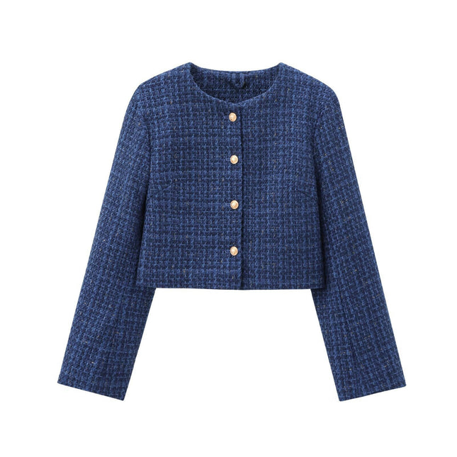 Women's Cropped Crew Neck Casual Tweed Blazer Elegant Slim Long Sleeve Jacket