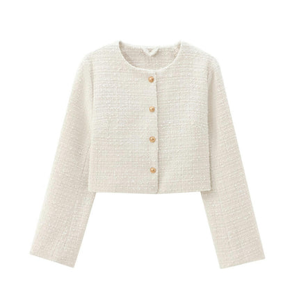 Women's Cropped Crew Neck Casual Tweed Blazer Elegant Slim Long Sleeve Jacket