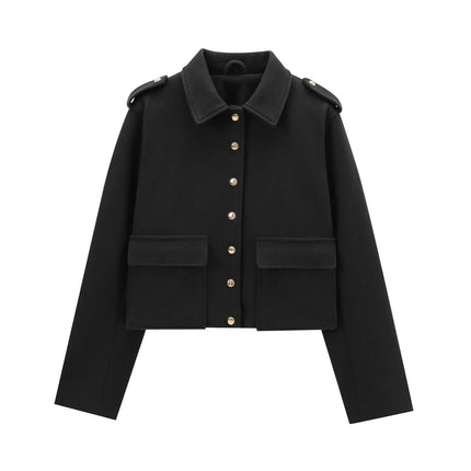 Womens Cropped Coats Lapel Collar Button Down Jackets Short Coats