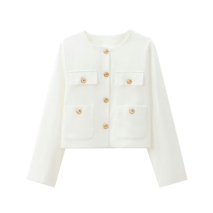 Women's Cropped Blazers Long Sleeve Crewneck Button Down Casual Jackets with Pockets