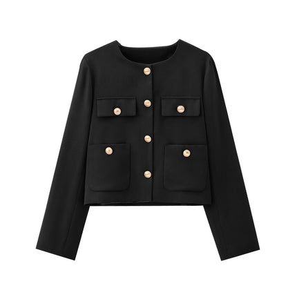 Women's Cropped Blazers Long Sleeve Crewneck Button Down Casual Jackets with Pockets