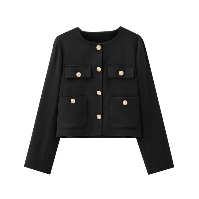 Women's Cropped Blazers Long Sleeve Crewneck Button Down Casual Jackets with Pockets