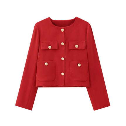 Women's Cropped Blazers Long Sleeve Crewneck Button Down Casual Jackets with Pockets