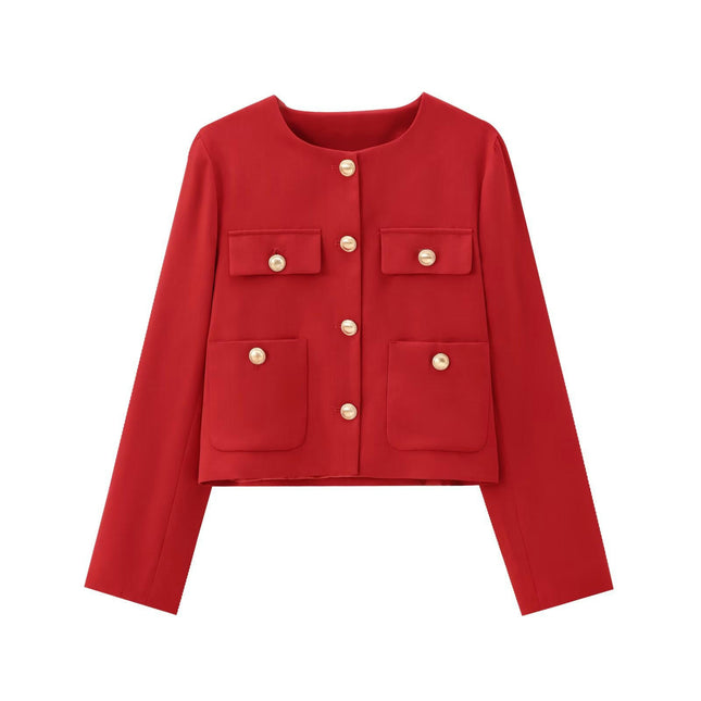 Women's Cropped Blazers Long Sleeve Crewneck Button Down Casual Jackets with Pockets
