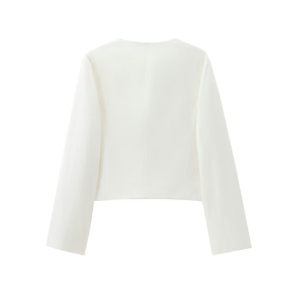 Women's Cropped Blazers Long Sleeve Crewneck Button Down Casual Jackets with Pockets