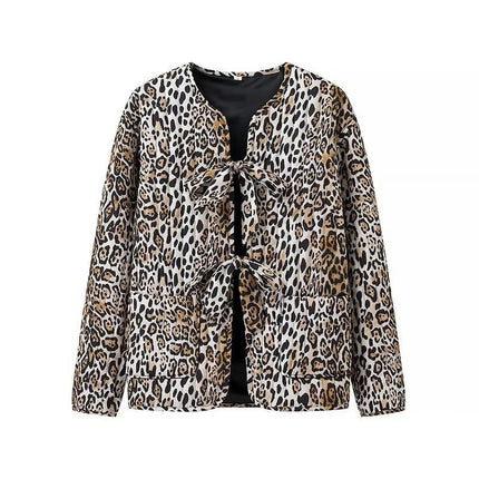 Women's Warm Quilted Jackets Print Tie Front Long Sleeve Padded Warm Outerwear