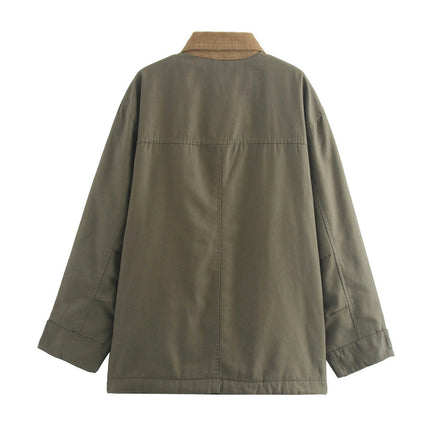 Oversized Barn Jacket for Women Corduroy Lapel Collar Button Down Casual Canvas Jacket Outwear
