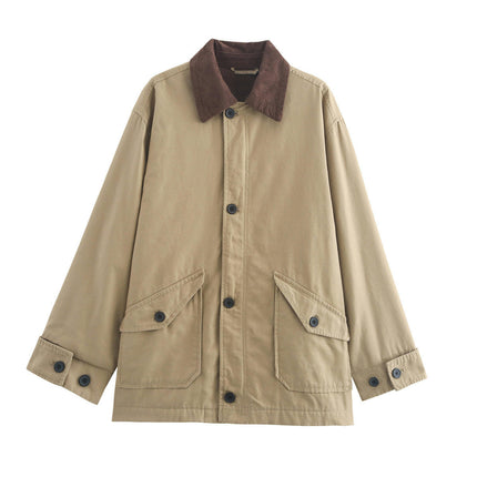 Oversized Barn Jacket for Women Corduroy Lapel Collar Button Down Casual Canvas Jacket Outwear