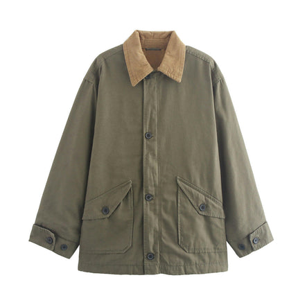 Oversized Barn Jacket for Women Corduroy Lapel Collar Button Down Casual Canvas Jacket Outwear