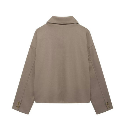 Womens Cropped Blend Coat Fall Winter Short Casual Lapel Button Down Jacket