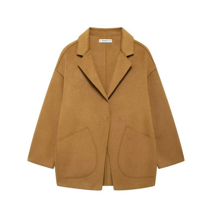Womens Cropped Blend Jacket Fall Winter Notched Lapel Short Coat with Pockets