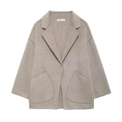 Womens Cropped Blend Jacket Fall Winter Notched Lapel Short Coat with Pockets