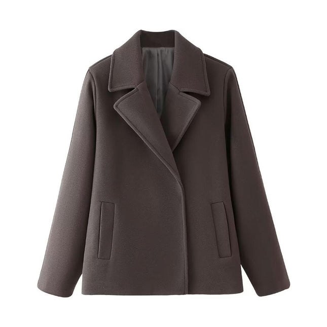 Womens Cropped Blend Jacket Notched Lapel Short Coat with Pockets