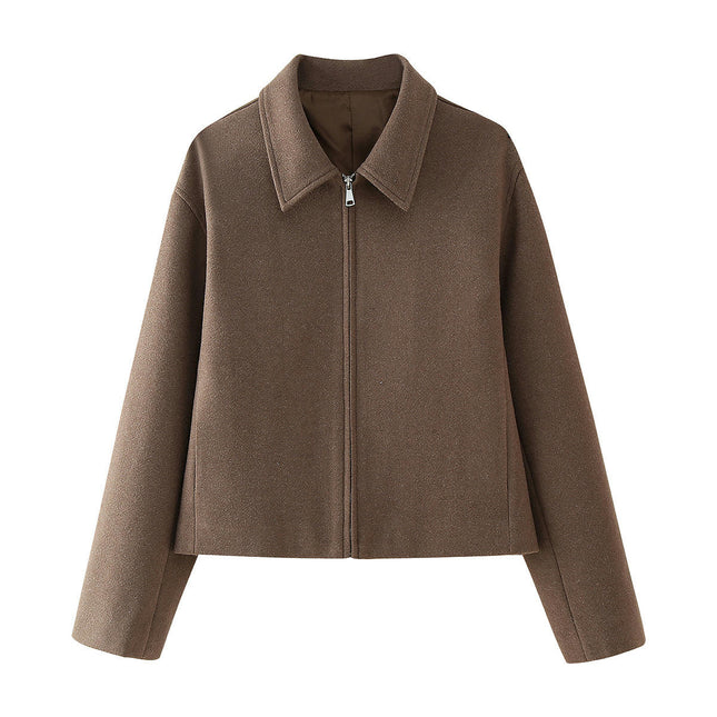 Women's Wool Blend Coat Copped Lapel Zip Up Jacket Outerwear with Pockets