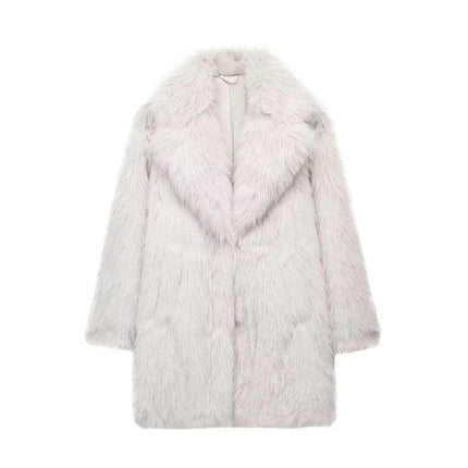 Women's Fuzzy Fleece Winter Jacket Faux Fur Lapel Coat Mid-Length Sherpa Plush Coat
