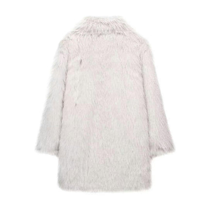 Women's Fuzzy Fleece Winter Jacket Faux Fur Lapel Coat Mid-Length Sherpa Plush Coat