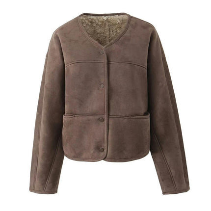 Women's Winter Faux Suede Jacket Collarless Button Down Faux Fleece Lined Coat