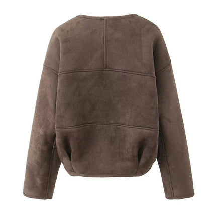Women's Winter Faux Suede Jacket Collarless Button Down Faux Fleece Lined Coat
