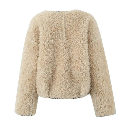 Women's Winter Faux Suede Jacket Collarless Button Down Faux Fleece Lined Coat