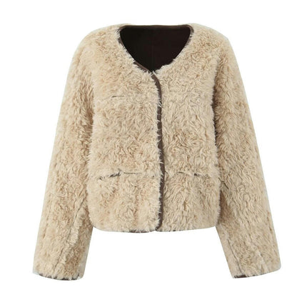 Women's Winter Faux Suede Jacket Collarless Button Down Faux Fleece Lined Coat