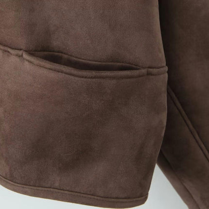 Women's Winter Faux Suede Jacket Collarless Button Down Faux Fleece Lined Coat