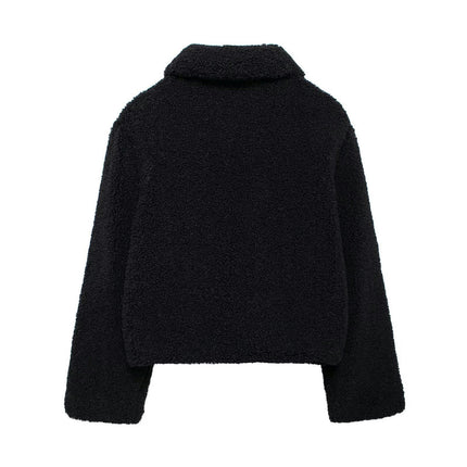 Womens Cropped Sherpa Jacket Fuzzy Lapel Button Down Cropped Coat Winter Outerwear