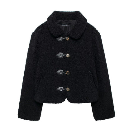 Womens Cropped Sherpa Jacket Fuzzy Lapel Button Down Cropped Coat Winter Outerwear