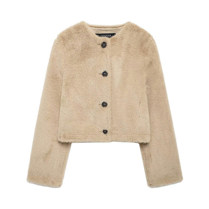Women's Sherpa Fleece Cropped Jackets Casual Long Sleeve Buttons Faux Fur Coat Winter Outwear