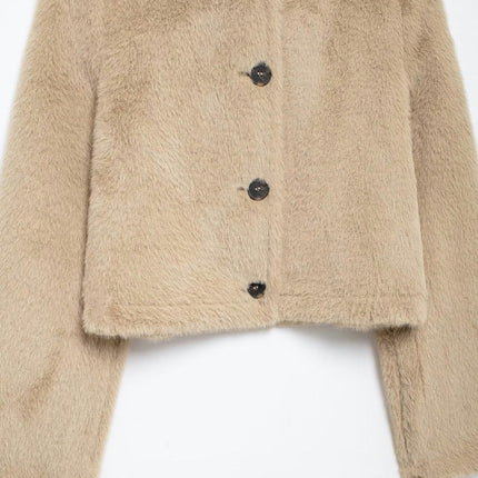 Women's Sherpa Fleece Cropped Jackets Casual Long Sleeve Buttons Faux Fur Coat Winter Outwear