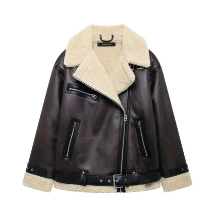 Women's Faux Leather Jacket Zip Up Lapel Moto Biker Sherpa-Lined Coat
