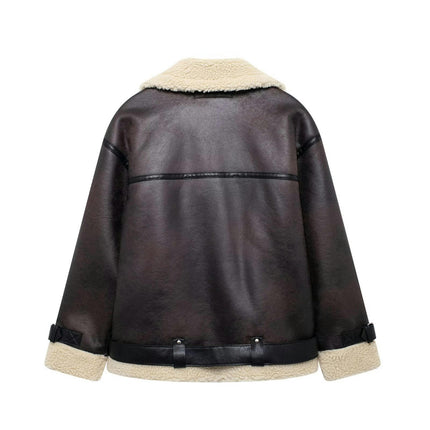Women's Faux Leather Jacket Zip Up Lapel Moto Biker Sherpa-Lined Coat