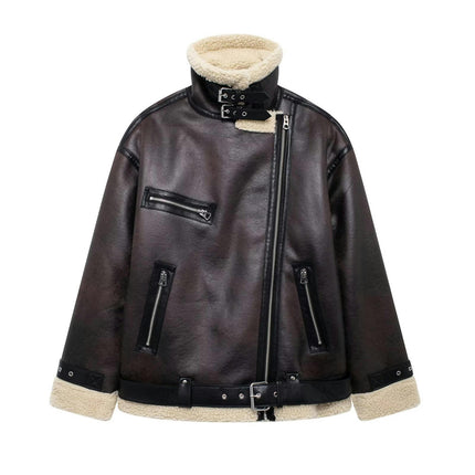 Women's Faux Leather Jacket Zip Up Lapel Moto Biker Sherpa-Lined Coat