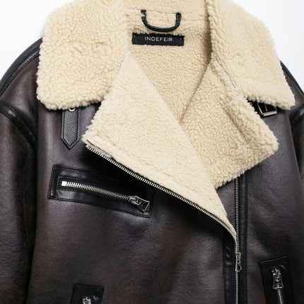 Women's Faux Leather Jacket Zip Up Lapel Moto Biker Sherpa-Lined Coat