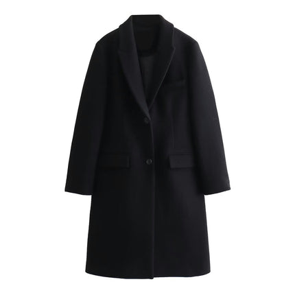 Women's Elegant Single Breasted Coat Long Sleeve Mid Length Winter Overcoat Wool Blend Coats
