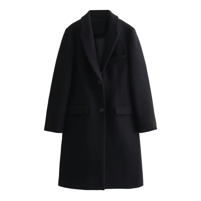 Women's Elegant Single Breasted Coat Long Sleeve Mid Length Winter Overcoat Wool Blend Coats