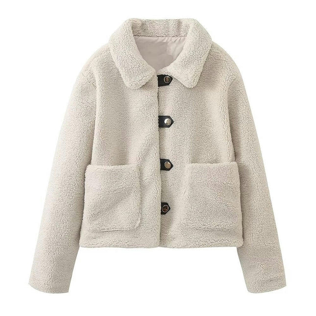 Womens Cropped Button Down Lapel Shaggy Teddy Fleece Jacket Faux Fur Coat