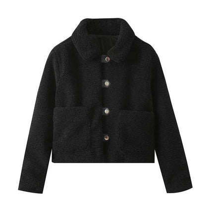 Womens Cropped Button Down Lapel Shaggy Teddy Fleece Jacket Faux Fur Coat